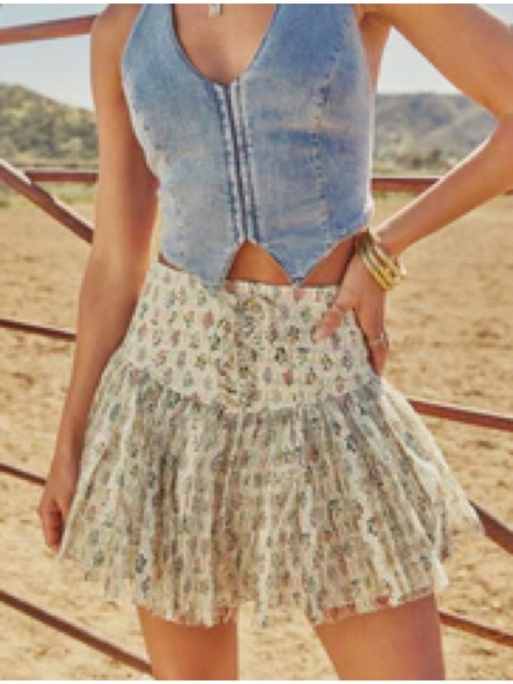Vici Cream Floral Tiered Mini Skirt with Peach & Green Motif